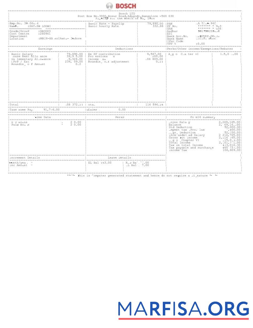 Realistic Bosch LTD payslip download for verification